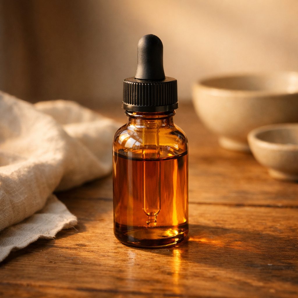 Botella de vidrio ámbar con aceite CBD sobre superficie de madera natural, luz dorada cálida