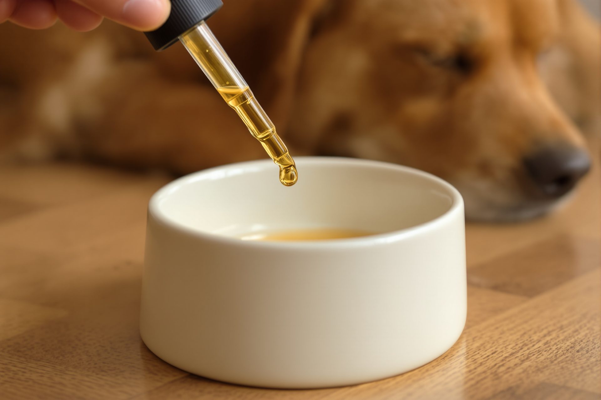 Macro de gotero con gota de aceite CBD ámbar suspendida sobre cuenco cerámico y pata de perro al fondo