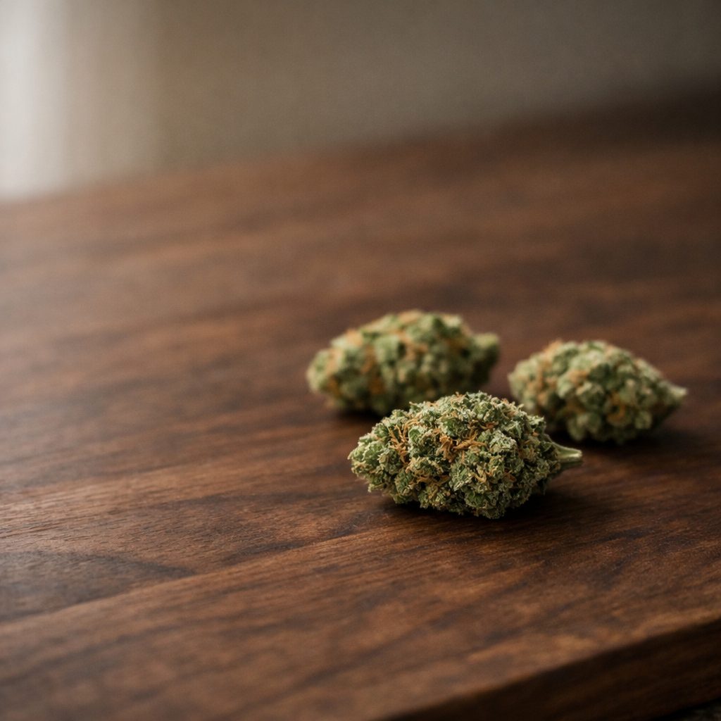 Cogollos secos de AK-47 CBD sobre madera oscura, mostrando textura y aromas característicos de la variedad
