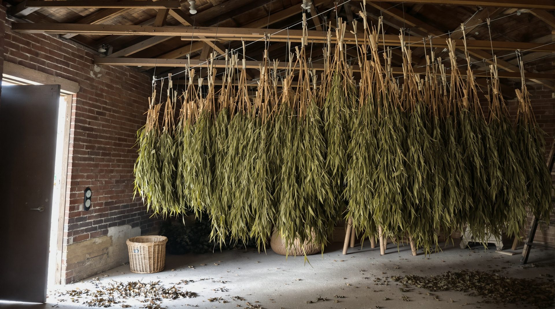 Secadero rural español con ramas de Amnesia CBD colgadas a secar en otoño