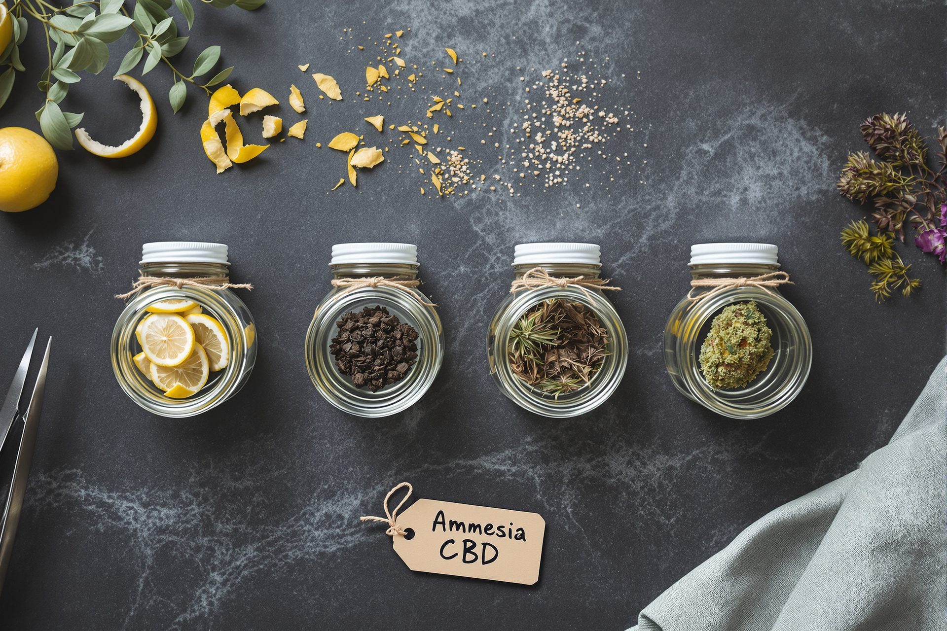 Bodegón cenital de frascos de catación con limón, pimienta, tierra y cogollo de Amnesia CBD