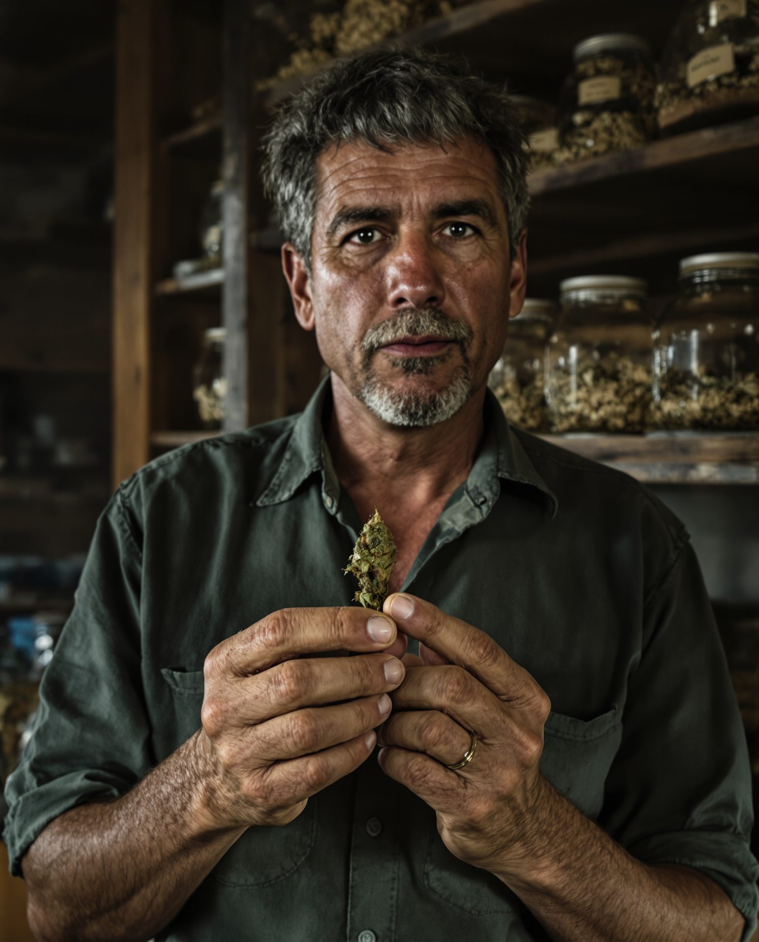 Cultivador español revisa un cogollo de Amnesia CBD curado en sus manos