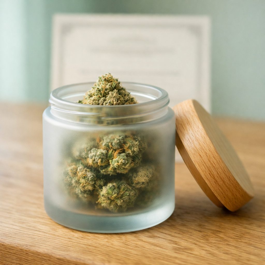 Flor CBD legal certificada en frasco de vidrio sobre madera con análisis COA de trazabilidad en España 2026