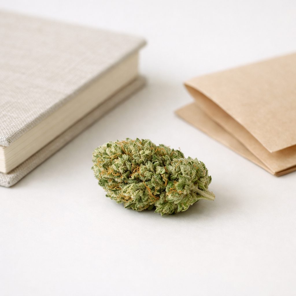 Flor de CBD legal en España 2026 sobre superficie blanca con cuaderno y papel kraft en composición editorial