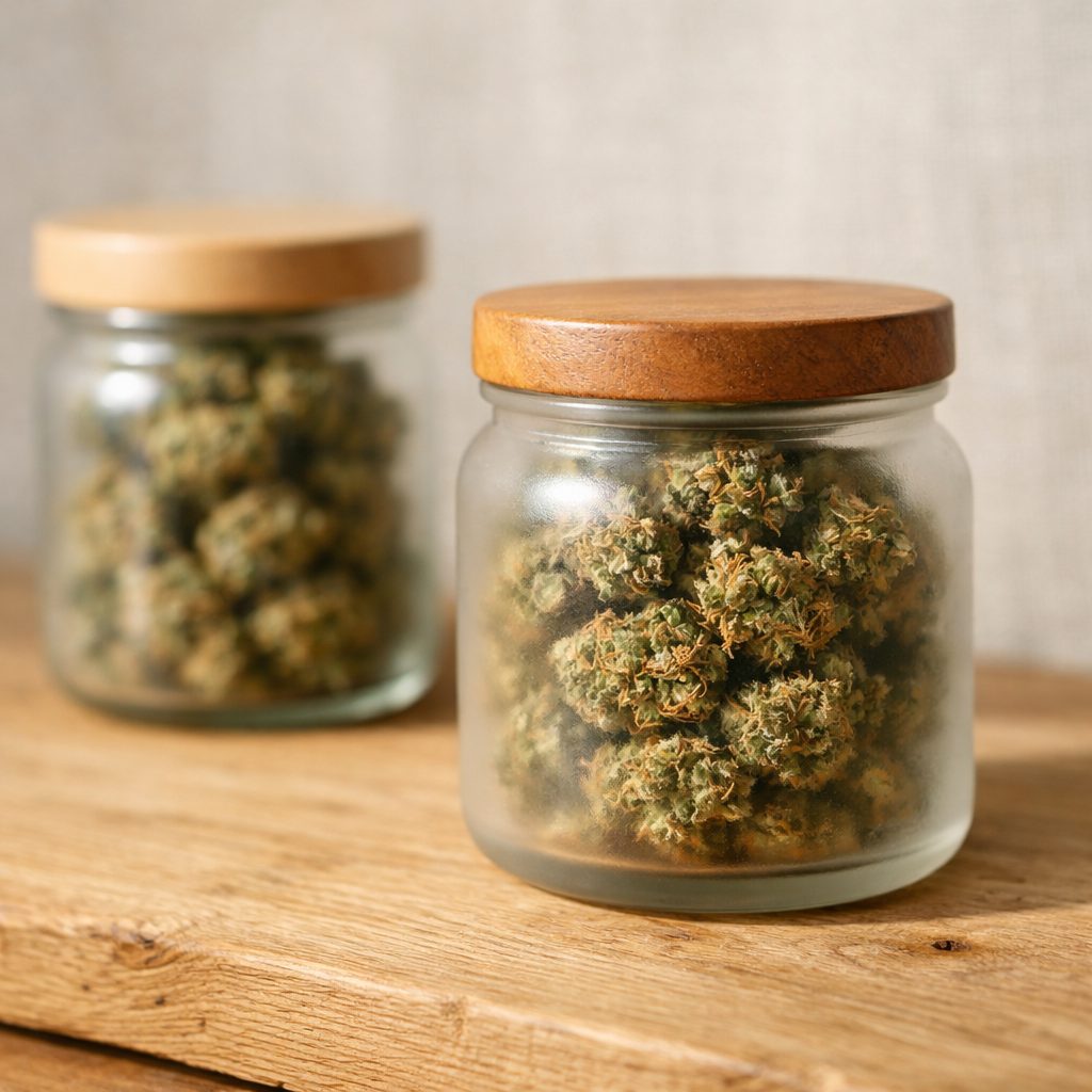 Diferencias entre CBD y THC representadas en dos frascos de vidrio con flores secas sobre superficie de roble