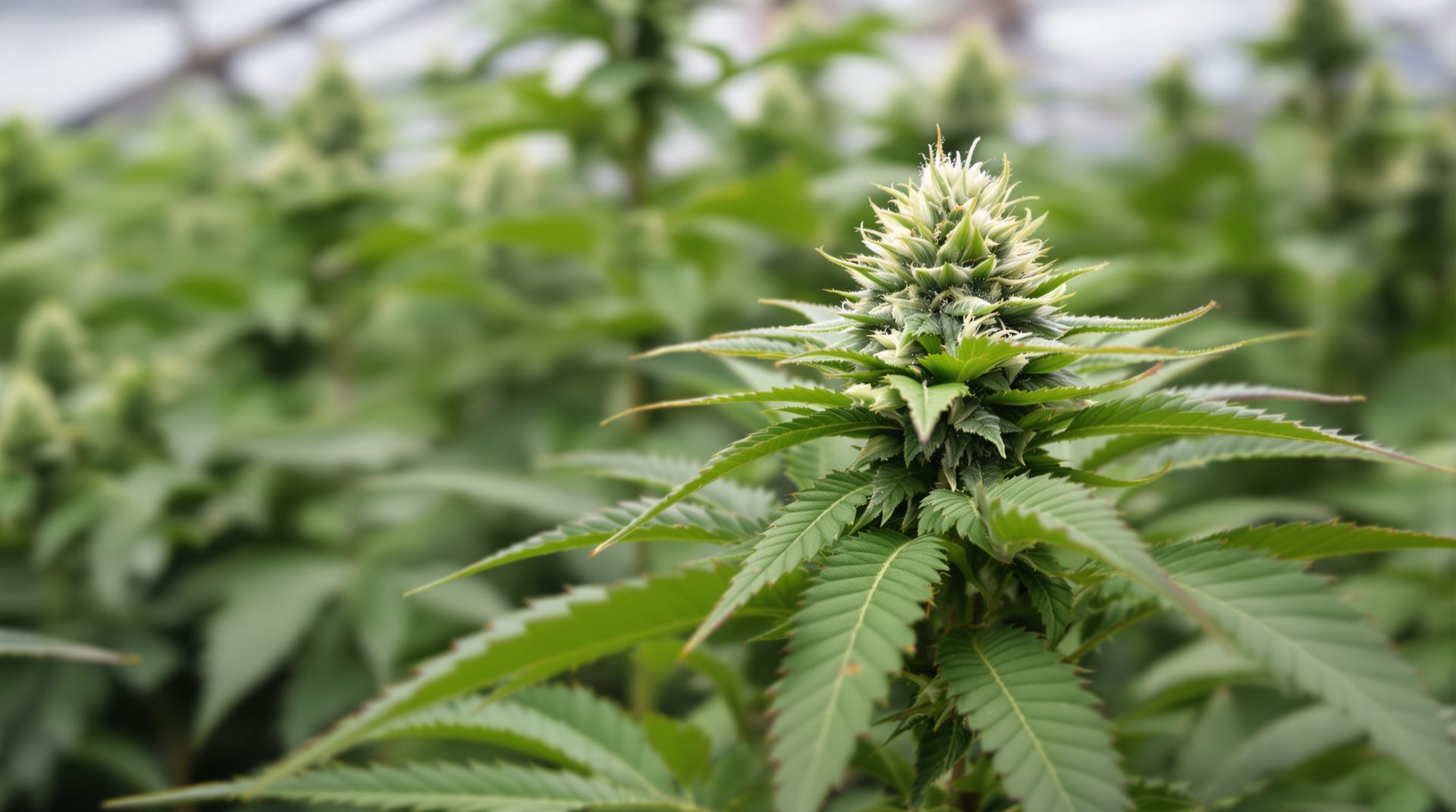 Cogollo de cannabis CBD en pre-floración con pistilos blancos jóvenes ricos en CBG en invernadero gallego