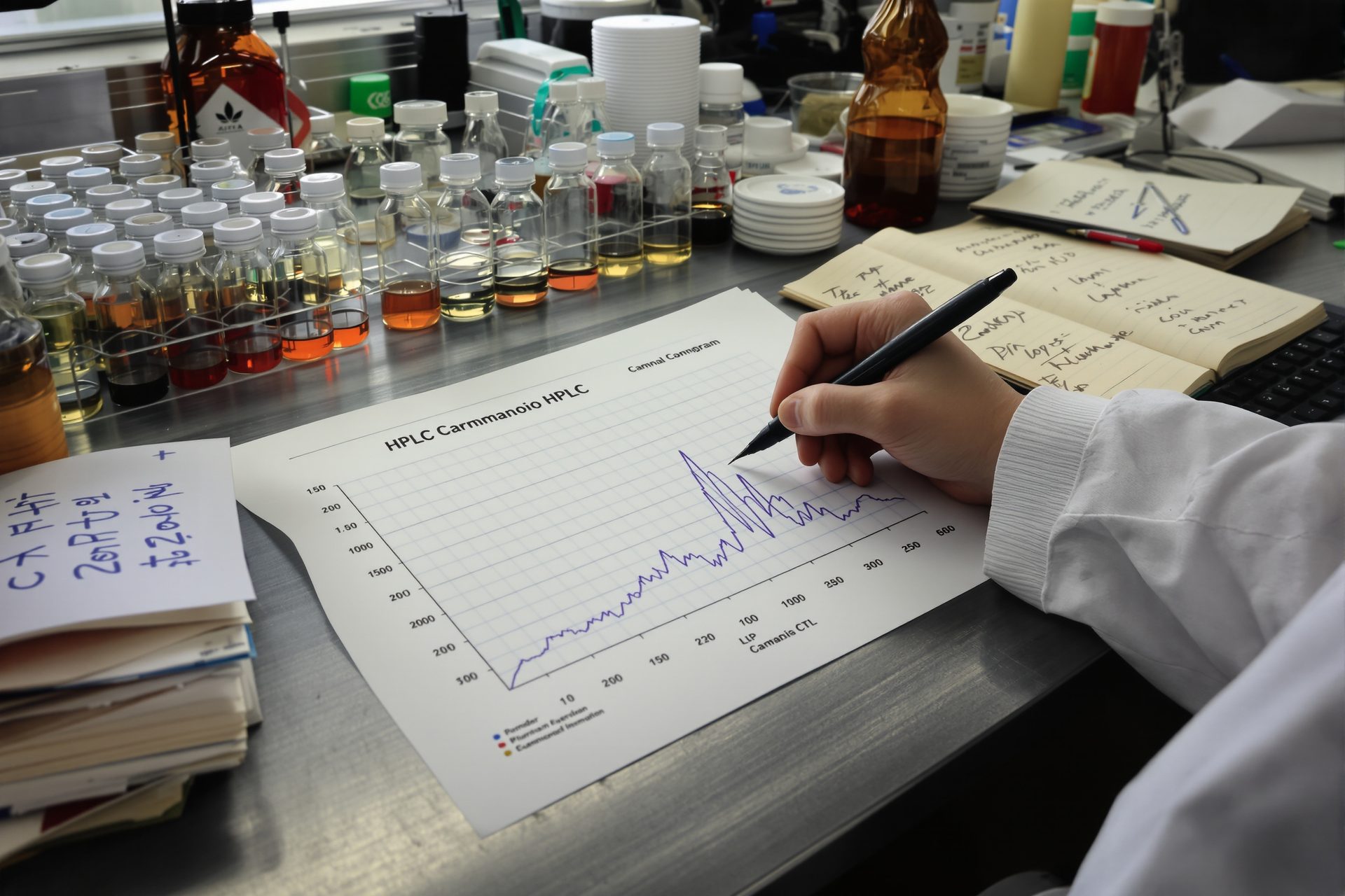 Cromatograma HPLC de cannabinoides con pico de CBG analizado en laboratorio español
