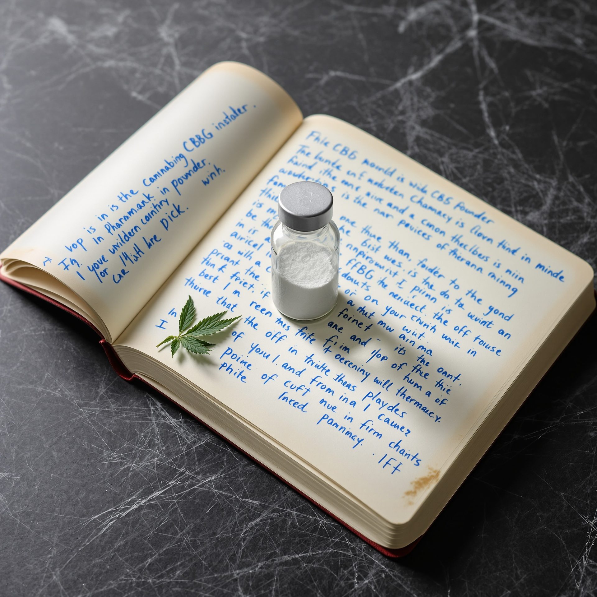 Vial de cristal con CBG aislado en polvo blanco junto a cuaderno de laboratorio y hoja de cannabis
