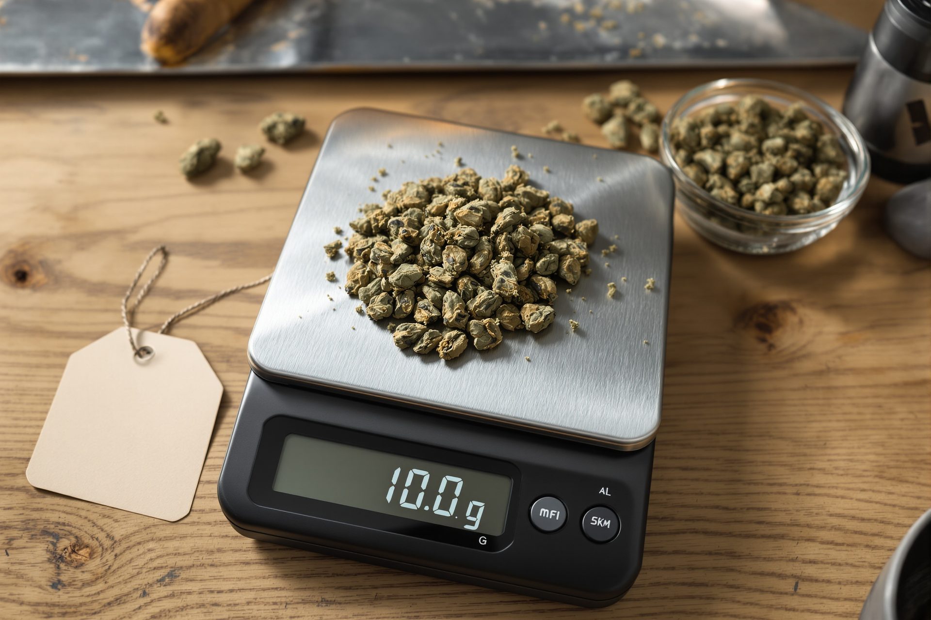 Balanza digital con diez gramos de cogollos small buds de CBD junto a placa de cristal con mini buds
