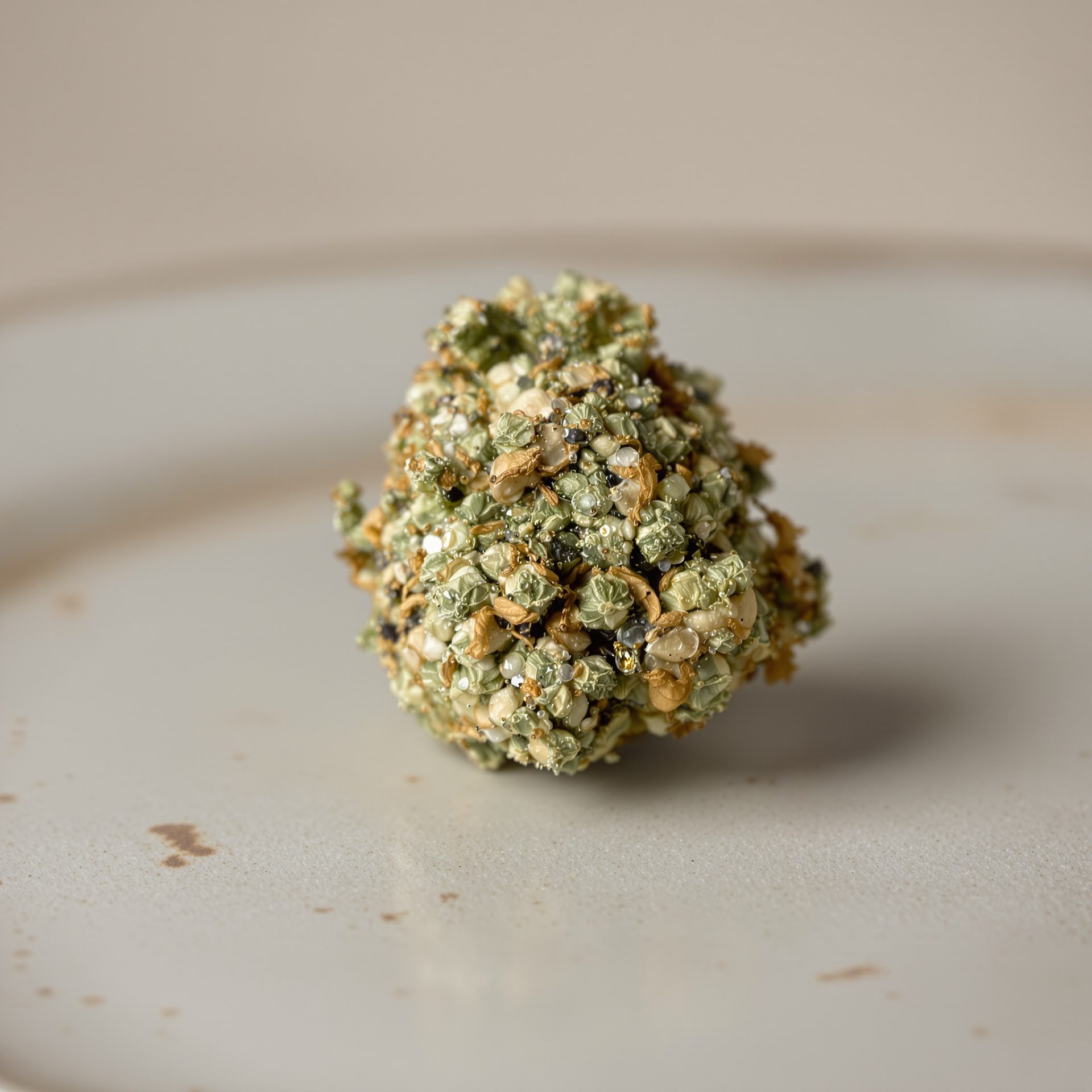 Macro de un cogollo popcorn de CBD mostrando tricomas y pistilos sobre plato cerámico claro