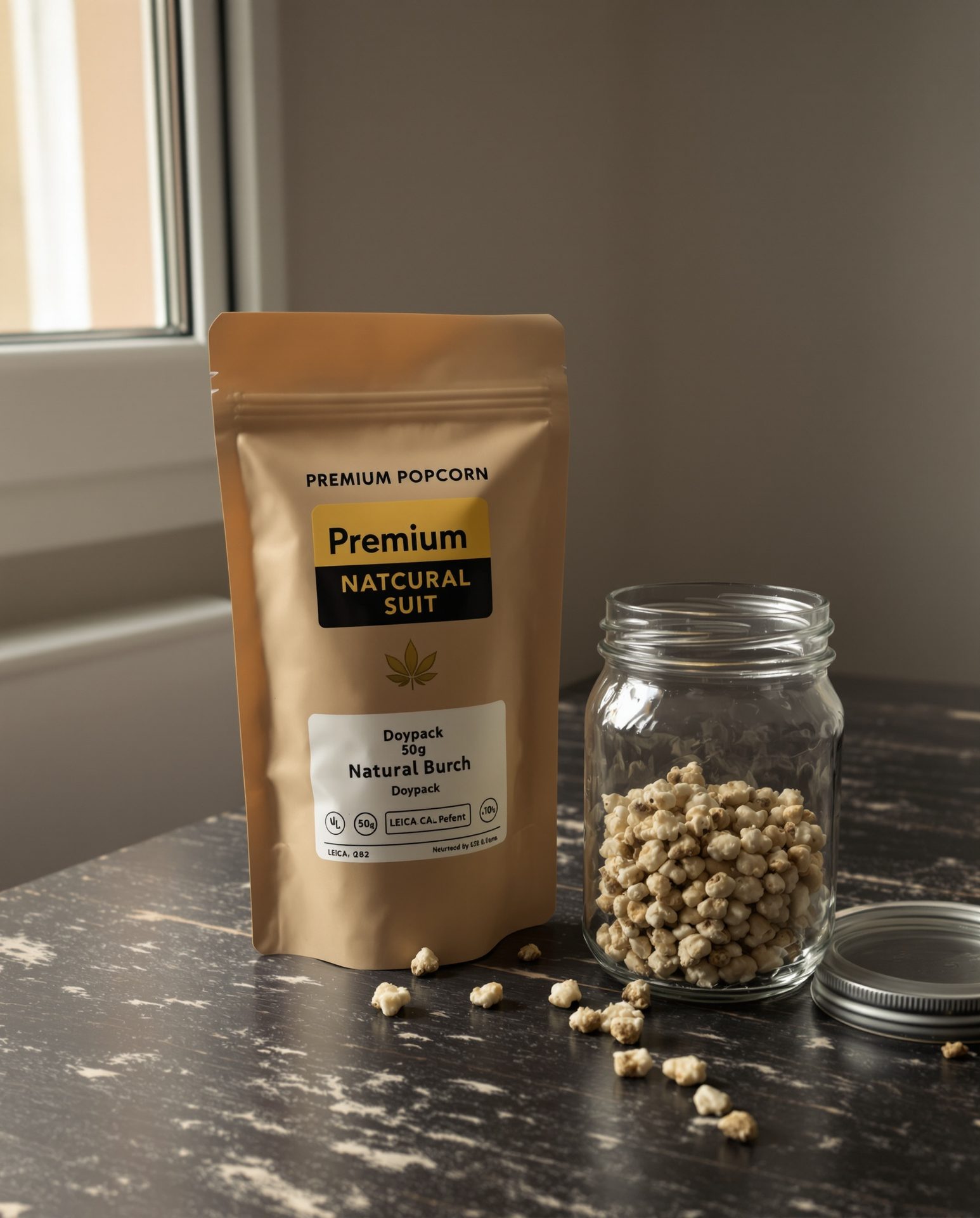 Doypack abierto de Premium Popcorn Natural Suit 50g junto a un tarro de cristal con cogollos popcorn sobre mesa de madera