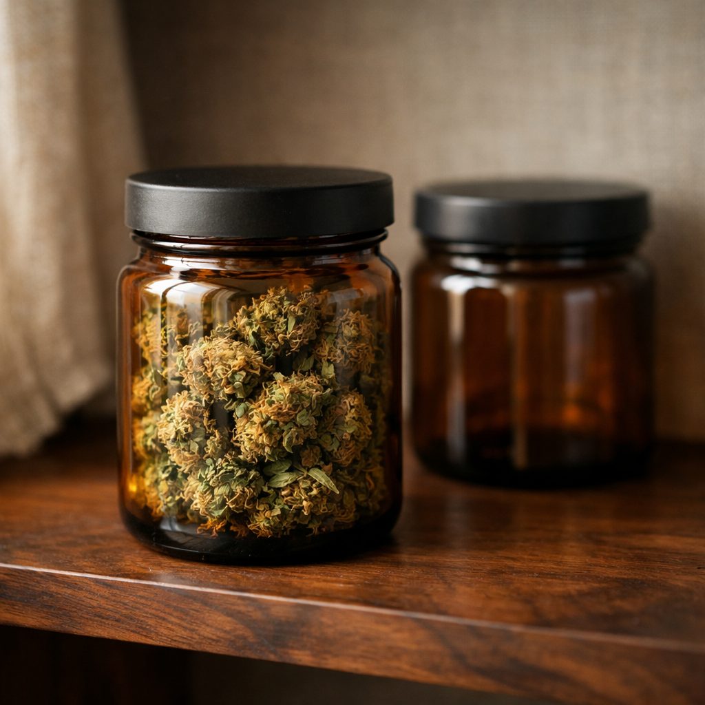 Frascos de vidrio ámbar con flores CBD secas en repisa de madera para conservar aroma y frescura