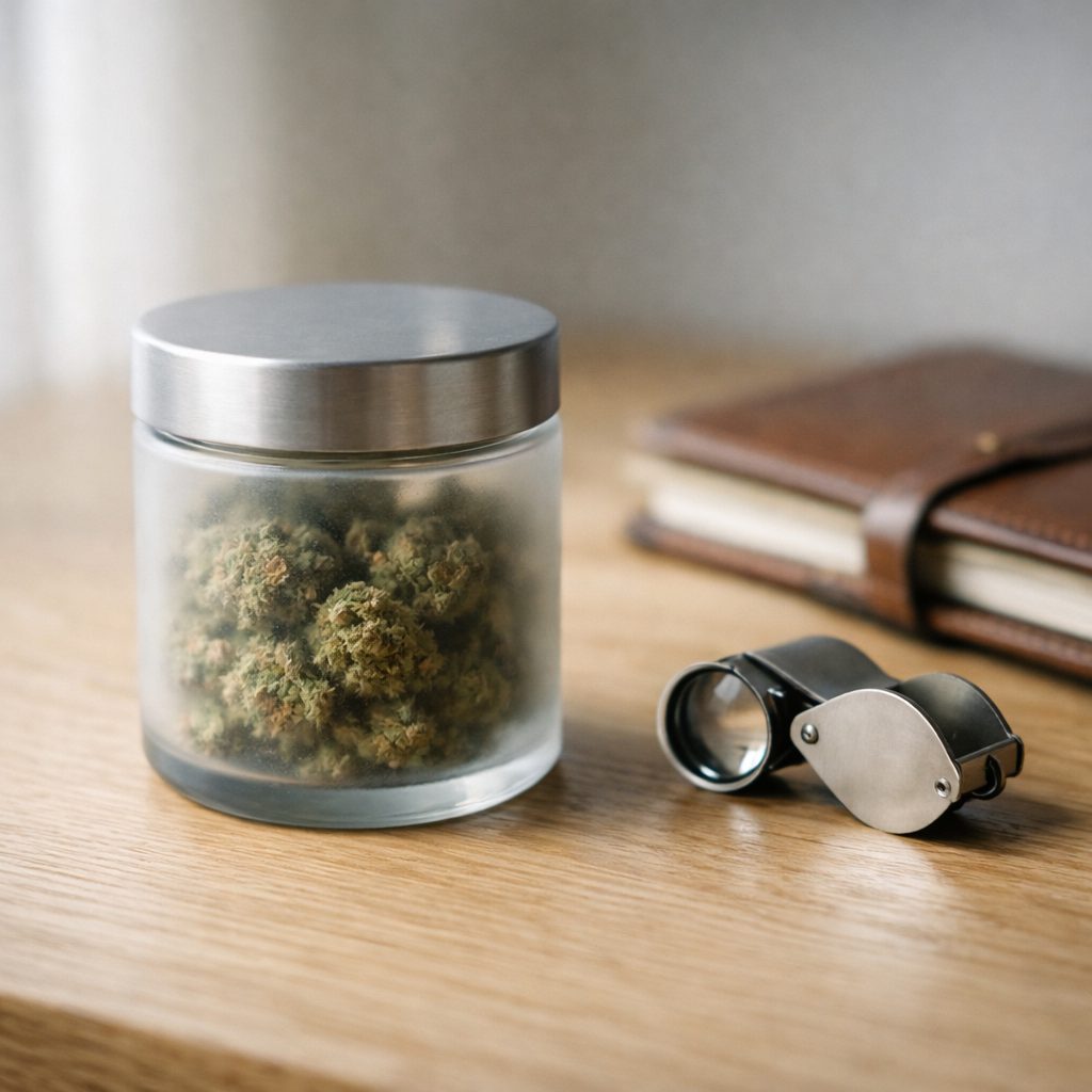 Frasco de CBD sobre mesa con lupa y cuaderno sugiriendo cómo leer un COA de CBD y verificar trazabilidad