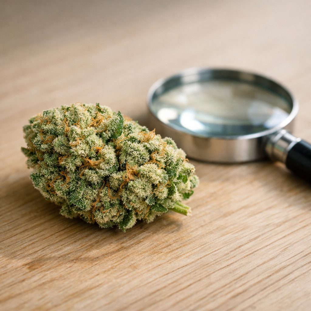 Flores CBD de calidad premium con tricomas visibles y resina abundante sobre superficie de madera clara