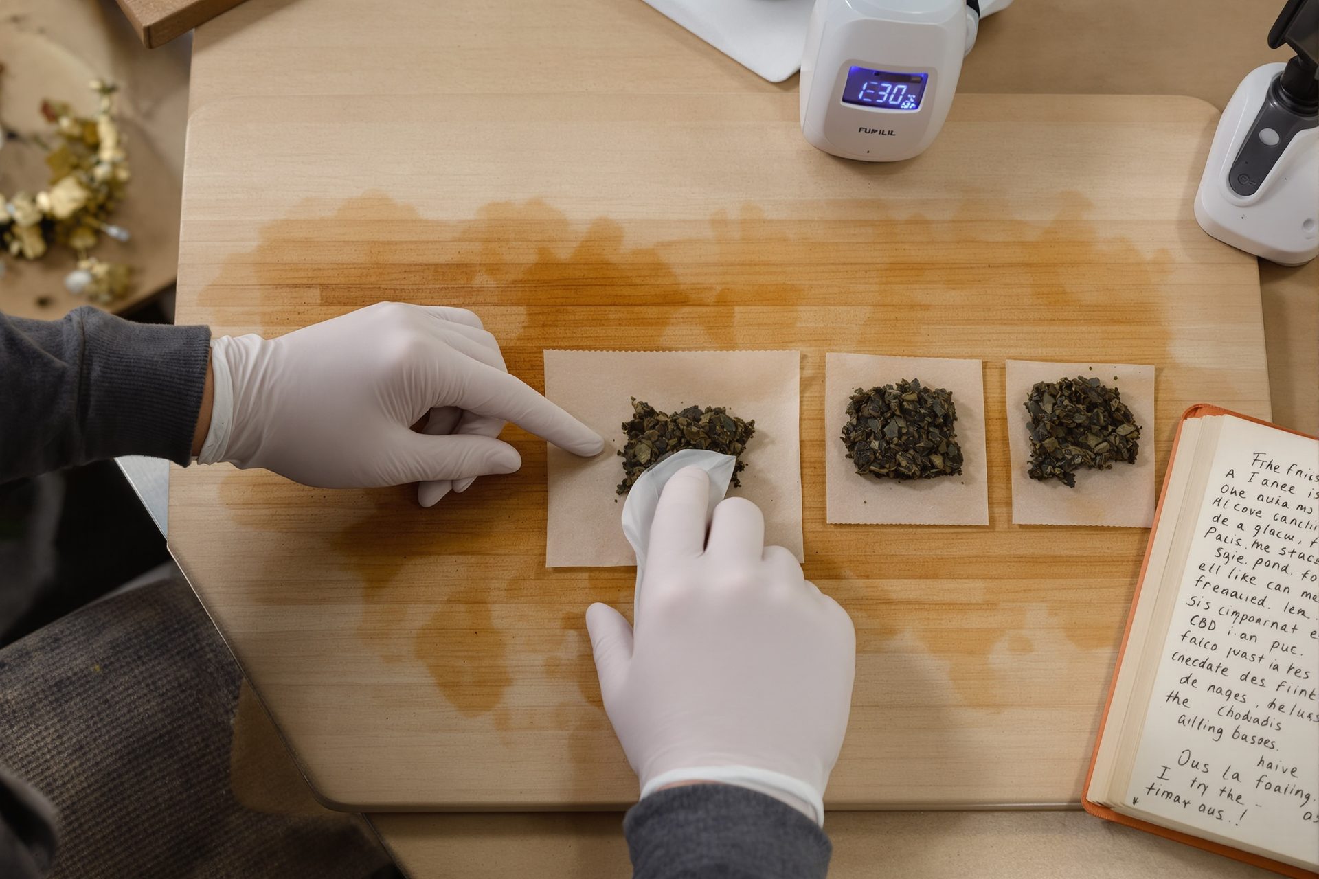Manos enguantadas envuelven trozo de hachís CBD en papel encerado sobre mesa de madera clara