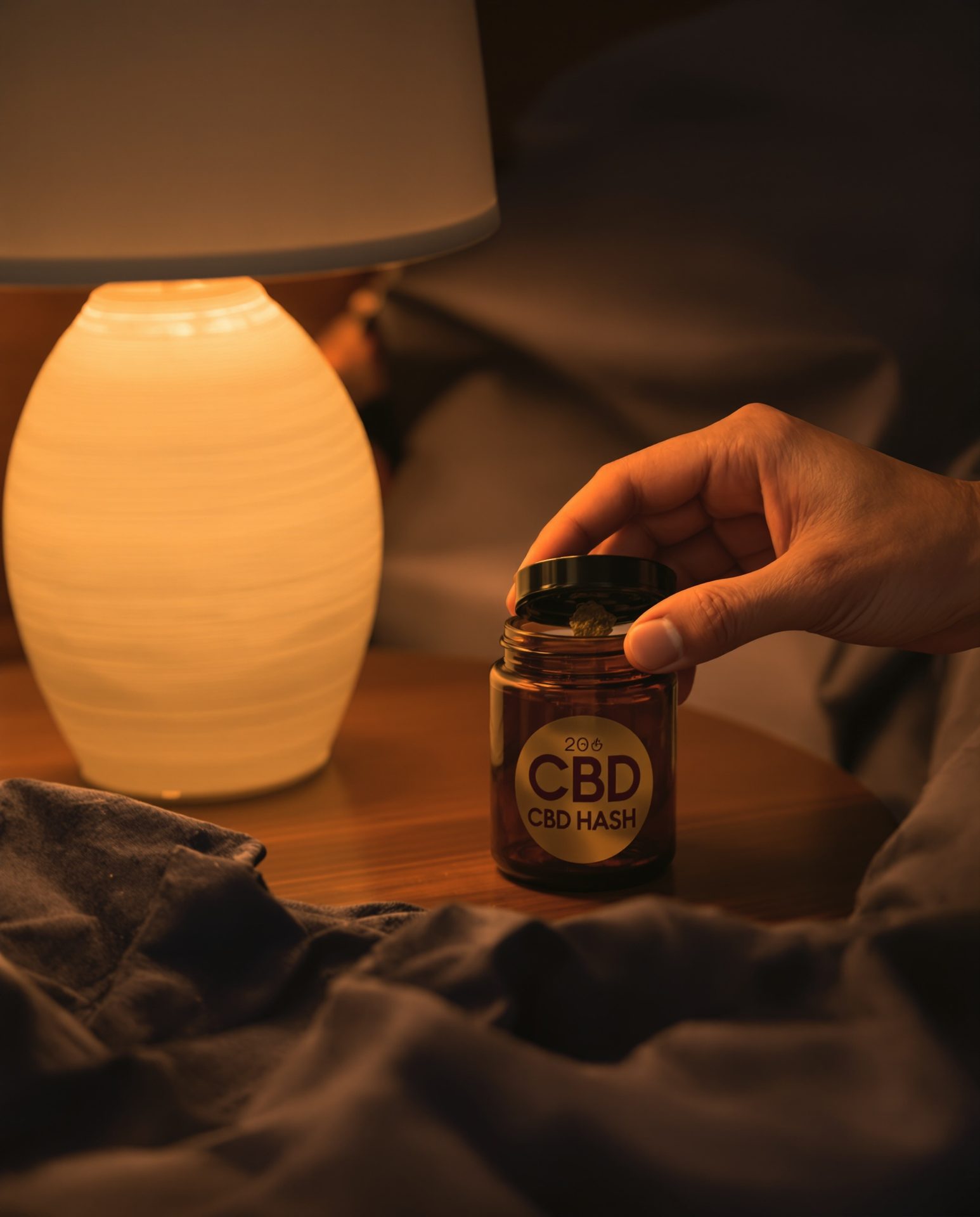 Manos de mujer adulta abren tarro ámbar con hachís CBD sobre mesilla de noche en luz tenue