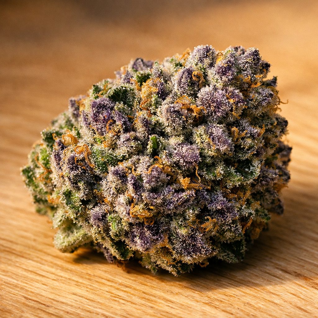 Cogollo denso de Gelato Cookies CBD con tricomas cristalizados y vetas púrpura, sobre madera clara natural en luz golden cáli