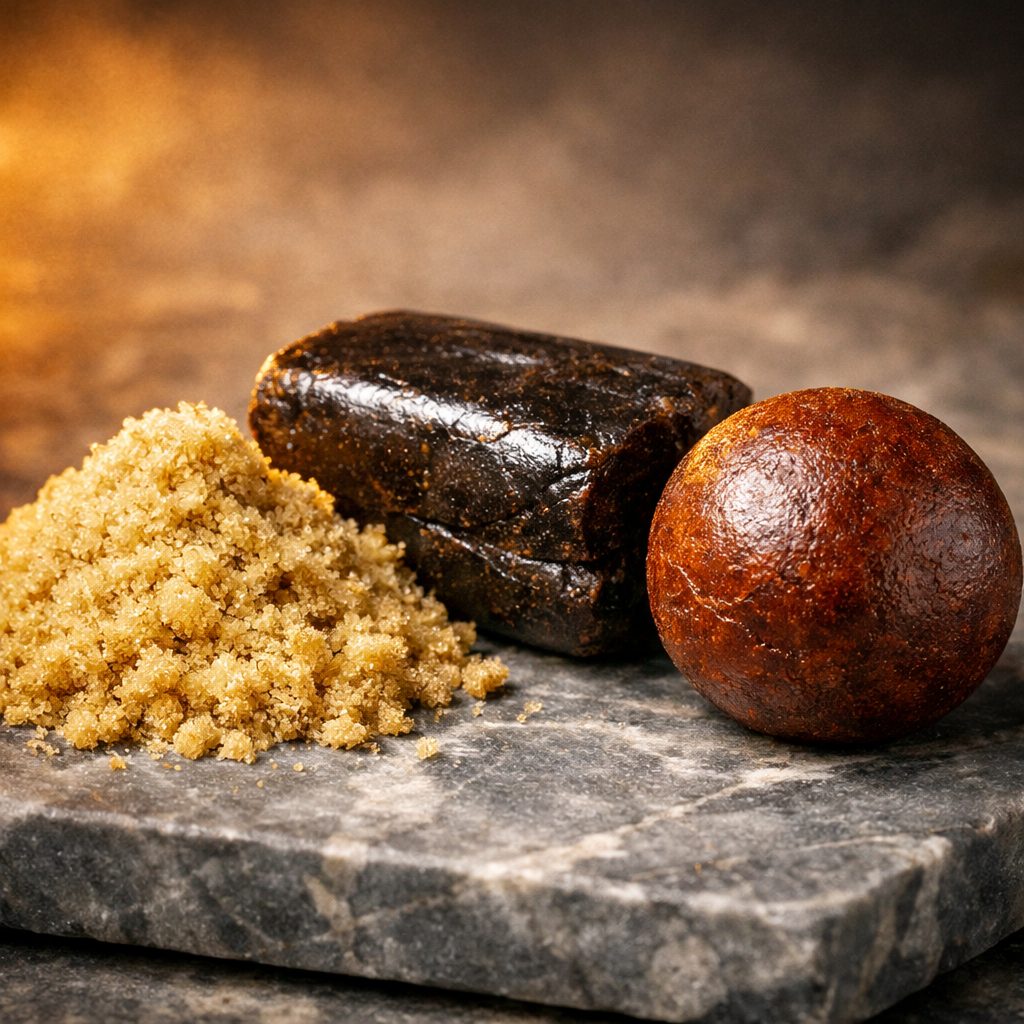 Tres muestras de hachís CBD con texturas distintas: Doble Zero rubio granular, afghano marrón oscuro brillante y Rojo Libanés