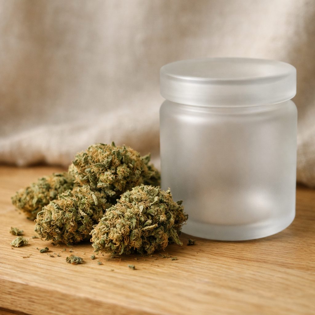 Flores CBD La Cosechera sobre madera natural con frasco de vidrio mate en bodegón editorial sereno