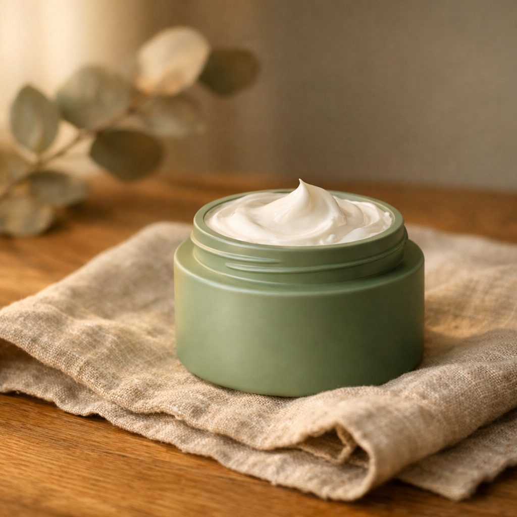 Tarro de crema CBD para zonas musculares sobre lino natural, fórmula cosmética de alta potencia 2026