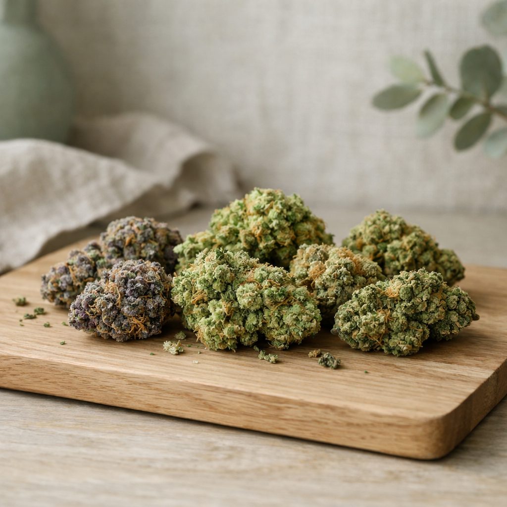 Selección de flores CBD indoor premium sobre madera clara con luz natural, mejores variedades 2026