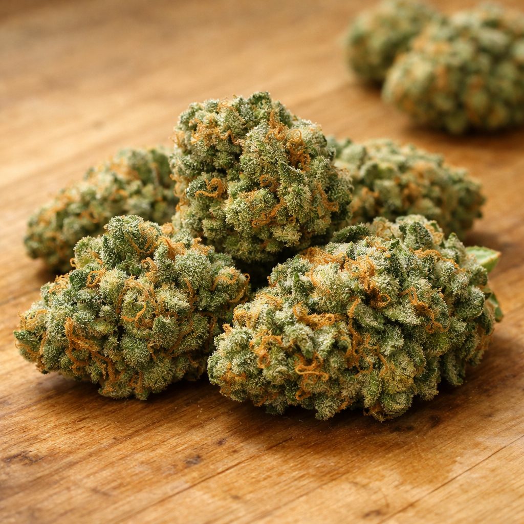 Flores CBD de Natural Suit Premium Popcorn con tricomas visibles sobre madera natural clara bajo luz difusa