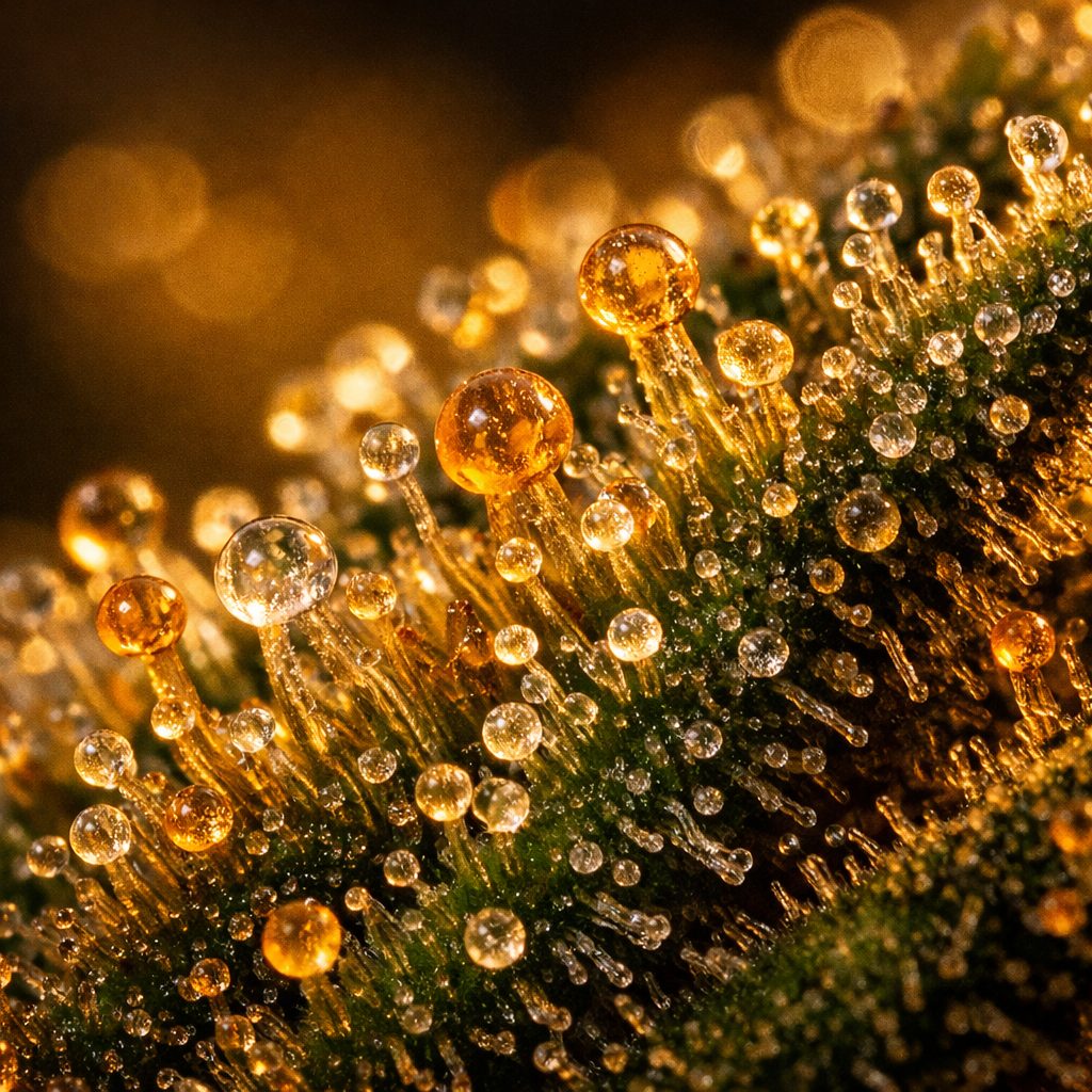 Macrografía de tricomas de flor CBD Natural Suit con resina cristalina bajo luz cálida directa