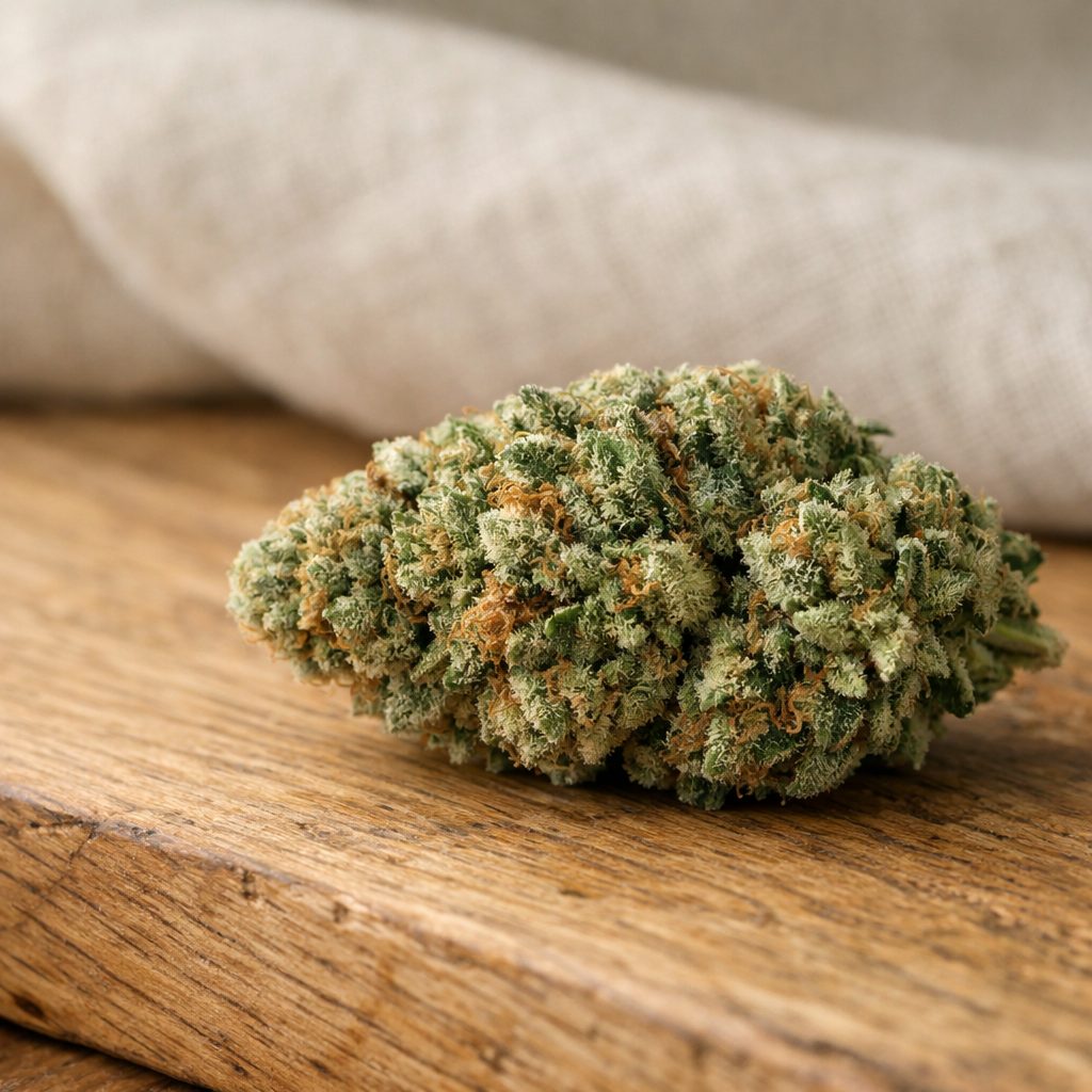 Flor seca de CBD sobre madera natural con luz suave, mostrando la calidad premium del cannabidiol legal