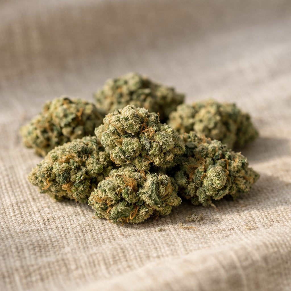 Small buds CBD de calidad real sobre lino natural mostrando estructura compacta y tricomas visibles