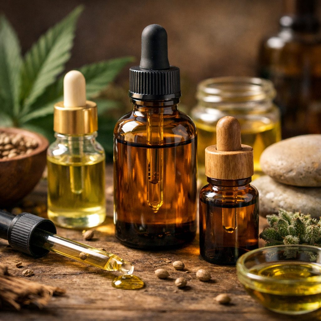 Botellas de aceite CBD del catálogo FarmaCBD sobre mármol blanco con props lifestyle neutros naturales