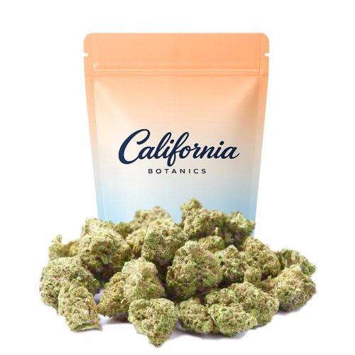 Biscotti CBD small buds California Botanics 25g, cogollos compactos verde oscuro con matices violáceos y tricomas brillantes