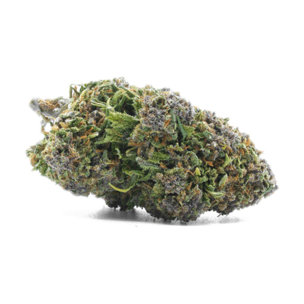 Cogollos de flor CBD Black Afghan Mandala 10g de tonos verdes muy oscuros y violáceos con tricomas, en bolsa hermética