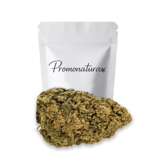 Cogollos de flor CBD Blueberry Promonatura verdes con tonos azulados y violáceos y tricomas, en formato 5 g y 10 g