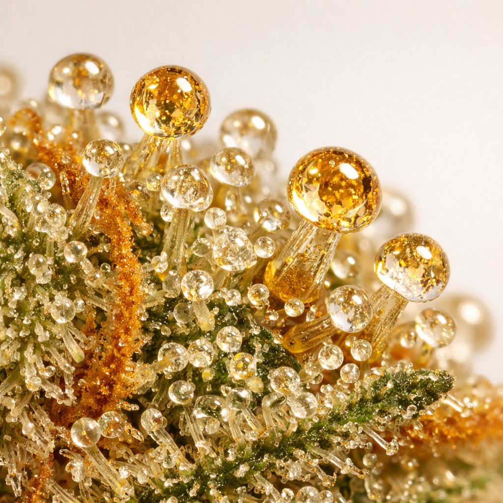 Macro detallado de tricomas y resina en flor de cannabis CBD