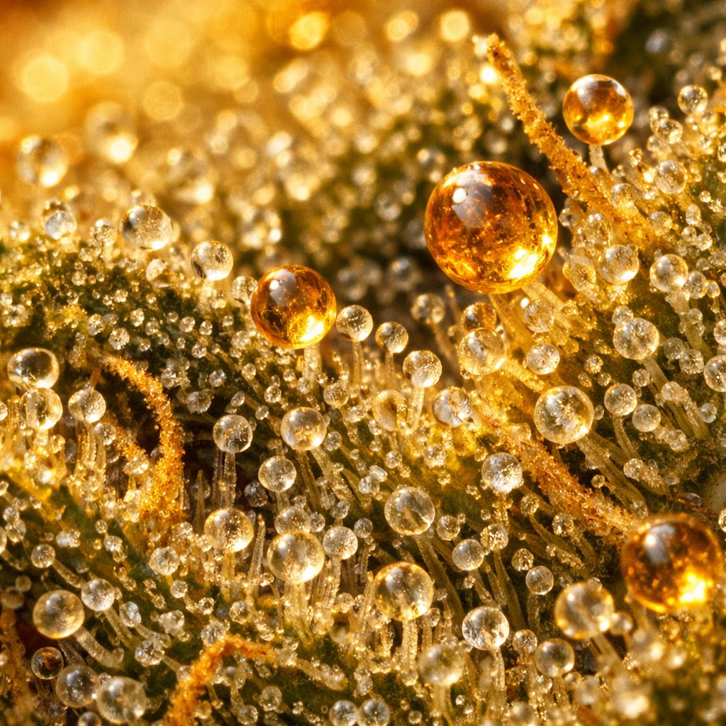 Macro detalle de tricomas cristalinos dorados con gotitas de resina ámbar en trim CBD