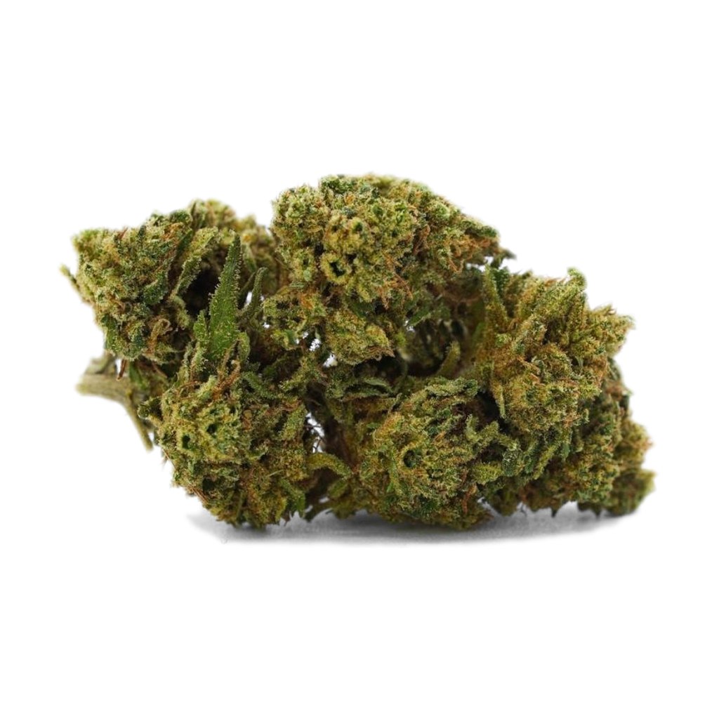 Cogollos de flor CBD Larry OG Mr Brown verdes y densos con pistilos anaranjados y tricomas, en formato 5 g y 10 g