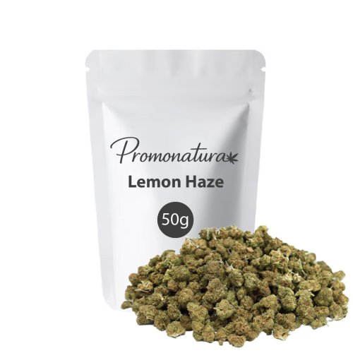 Lemon Haze CBD small buds Promonatura 50g cogollos verdes compactos con pistilos anaranjados y tricomas resinosos