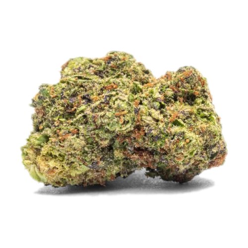 Cogollos de flor CBD Pakistan Kush Mandala 10g verdes y densos con destellos violáceos y tricomas, en bolsa hermética