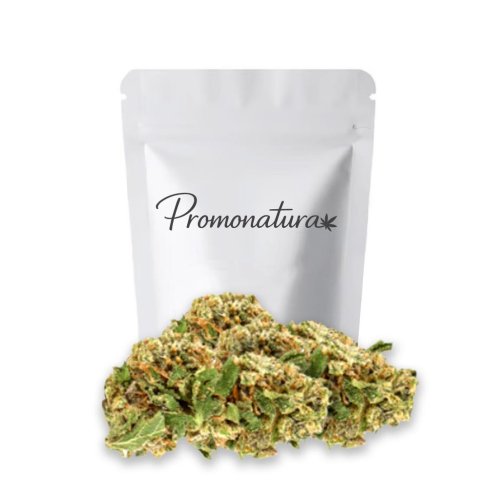 Cogollos de flor CBD Runtz Promonatura de tonos verdes y violáceos con tricomas, presentados en formato 5 g y 10 g