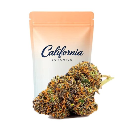 Cogollos greenhouse Tropicanna Poison CBD California Botanics en formato 5 g y 10 g con tonos verdes vivos y matiz violáceo